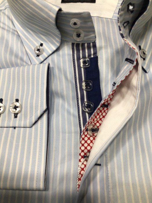 Мужская рубашка 7camicie с длинным рукавом голубая в белую полоску, со скрытой планкой, L/41