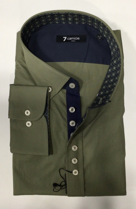 Мужская рубашка 7camicie с длинным рукавом оливковая, 6 пуговиц, XL/44