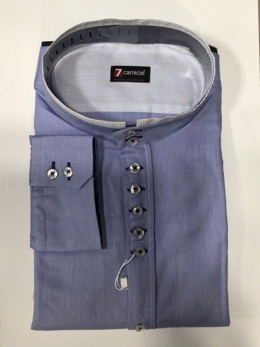 Мужская рубашка 7camicie с длинным рукавом, корейский ворот, голубая, XL/44