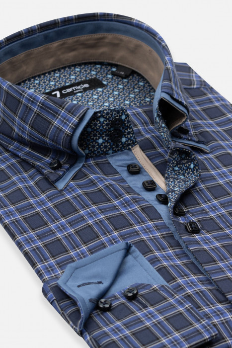 Мужская рубашка 7camicie с длинным рукавом 2 ворота, твил, синяя клетка, 2XL/45