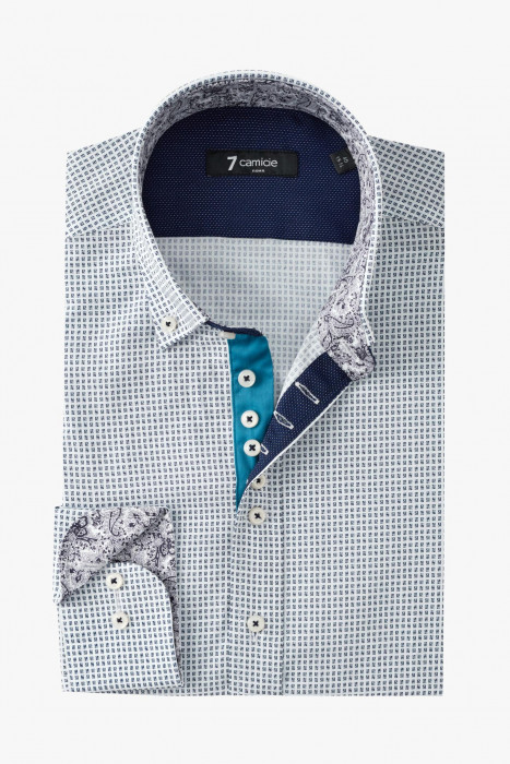 Мужская рубашка 7camicie с длинным рукавом белая с синим микропринтом, бирюзовая вставка на планке, L/41